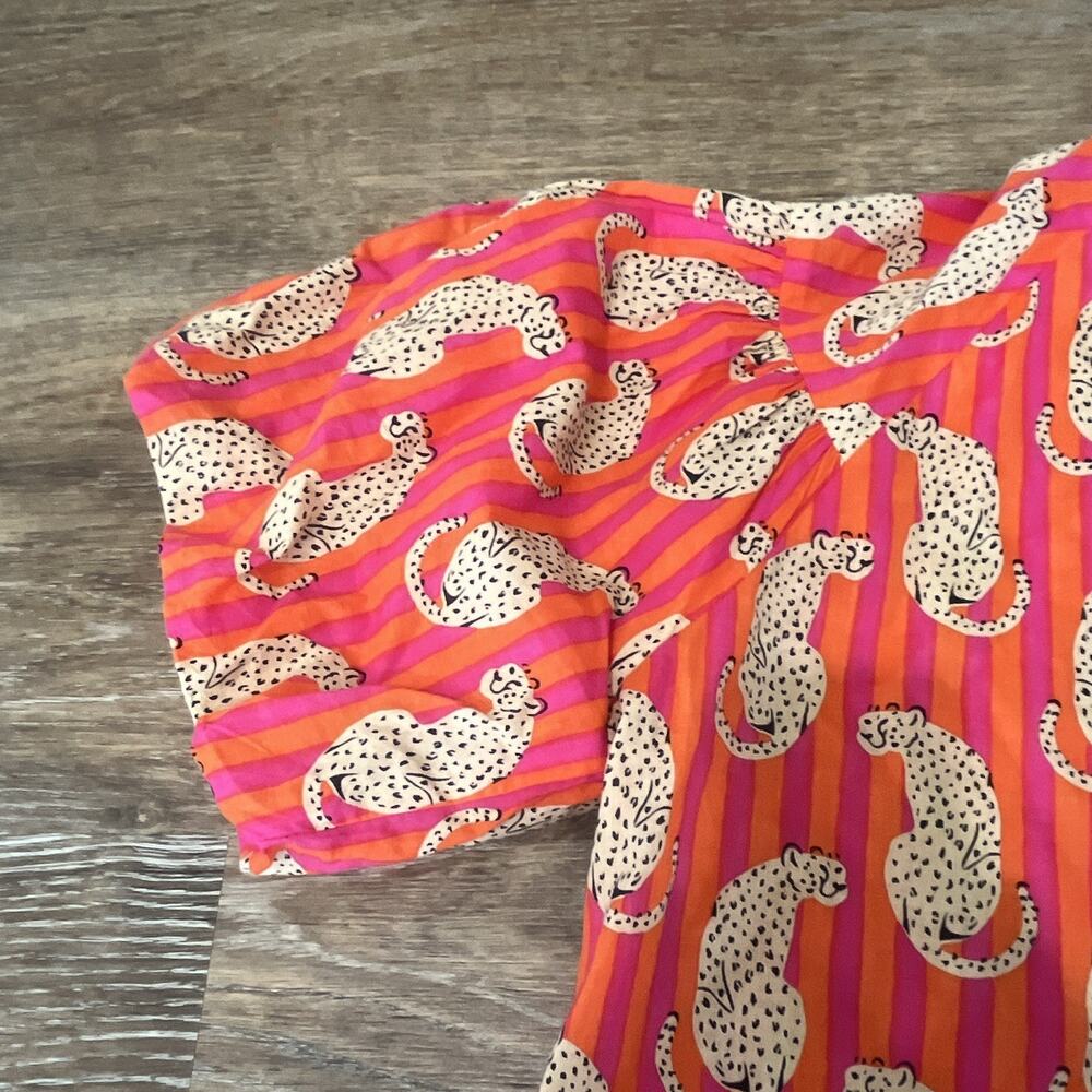 THML Animal Print Blouse Womens M Pink Orange White Puff Sleeve Round Neck - Picture 3 of 5